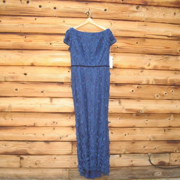 MAC DUGGAL 67711 Navy Floral Applique Boat Neck Cap Sleeve Gown - Picture 5 of 12